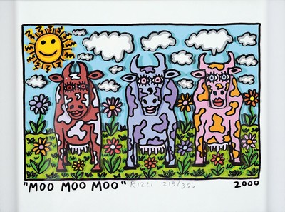 James Rizzi, 1950-2011, "MOO MOO MOO", handsign., num. 213/350,3D-Konstruktion, dat.2000, unter Glas, gesamt ca. 25,5x32 cm, R. ...