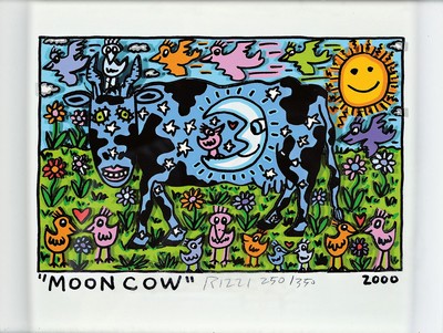 James Rizzi, 1950-2011, "Moon Cow", handsign., num. 250/350, dat. 2000, unter Glas, gesamt ca. 25x31 cm