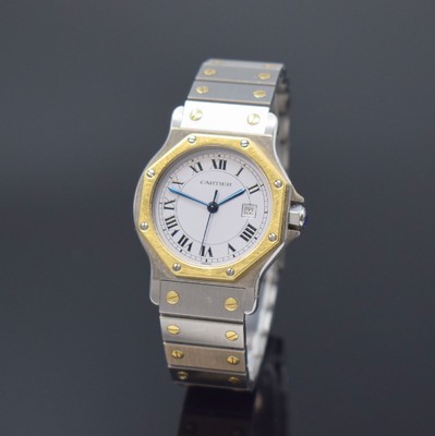 CARTIER Santos Armbanduhr in Stahl/Gold, Schweiz um 1995, Automatik, 8-fach verschr. Monocoque-Geh., 8-eckige Lünette (Goldhaube), orig. Gliederband ...