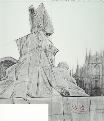 Christo, 1935-2020, Offsetdruck auf dünnem Karton, "Wrapped Monument", 1975, handsigniert, Blatt 71x56 cm, unter Glas gerahmt 83x63 cm