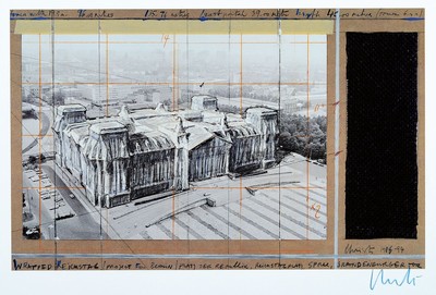 Christo 1935-2020, Offsetdruck mit geprägtemFoliendruck auf dünnem Karton, "Verhüllter Reichstag", 1994, handsigniert, Blatt 50x70 cm, ...