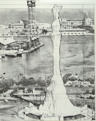 Christo, 1935-2000, Offsetdruck auf Papier, "Wrapped Monument to Cristobal Colon, Project for Barcelona", 1977, handsigniert, Blatt 76x56 ...