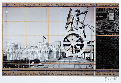 Christo, 1935-2020, Offsetdruck mit geprägtem Foliendruck auf dünnem Karton, "Wrapped Reichstag", 1994, handsigniert, Blatt50x70 cm, ...