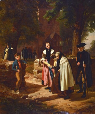 Zuschreibung: Reinhard Sebastian Zimmermann, 1815 Hagnau am Bodensee-1893 München, Begegnung vor der Kirche, junge Frau begleitet eine alte Frau in ...