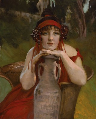 Zsigmund Vajda, 1860-1931 Ungarn, Porträt einer jungen Frau, auf eine Amphore gestützt blickt sie den Betrachter direkt an, Öl/Lwd, seitlich links ...