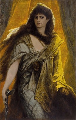 C. Pieper, Maler der 1. Hälfte des 20. Jh., Judith mit Schwert und dem angedeuteten Kopf des Holofernes, dramatische Darstellung der von hinten ...