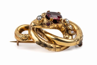 14 kt Gold Granat-Perlchen-Schlangenbrosche, um 1860/70, GG 585/000, Kopf bes. mit einemovalfacett. Granat (besch.) ca. 0.30 ct, z.T. mit ...