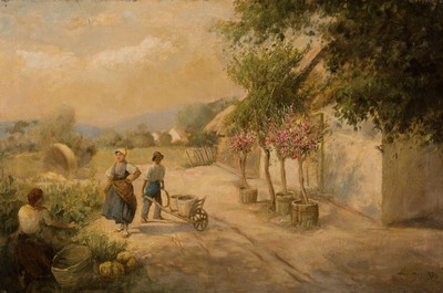 Acs Agoston, 1889-1947 Budapest, Bauern im Garten vor dem Gehöft, Öl/Lwd, rechts unten signiert, ca. 63x95cm, R.