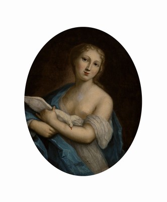 Unbekannter Künstler, Frankreich, um 1780, Porträt einer Frau mit Taube auf dem Arm, Öl/Lwd/Holz, rest., ovaler Bildausschnitt ca. 49x40cm, R. ca. ...