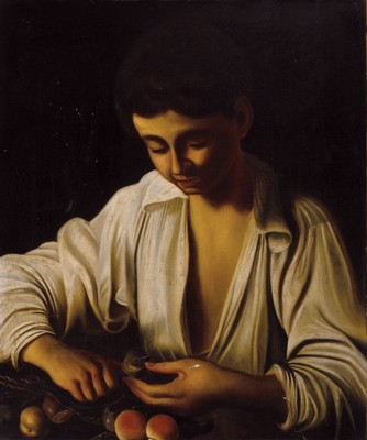 Unbekannter Maler des 19. Jh., nach dem Vorbild des Caravaggio, Öl/Lwd, ca. 60x50cm, Rahmen leicht besch.