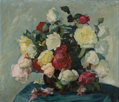 Max Gretschel, geb. 1883 Dresden, Stillleben mit weißen und roten Rosen, Öl/Lwd, rechts oben sign. und dat. 1923, ca. 47x55cm, Rahmen