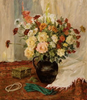 Wilhelm Heinrich Burger-Willing, 1882 Kalk/Köln-1966 Untermaubach, Stillleben mit Blumen, Handschuhen, Perlenkette und Kästchen, Öl/Lwd, rechts ...