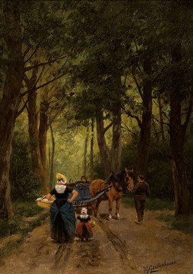 Johann Anton Gerstenhauer, 1858-1931, Begegnung auf dem Waldweg, Öl/Holz, rechts unten signiert, ca. 32x22cm, Rahmen