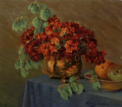 Pablo Schouboe, 1874 Ringsted-1941 Kopenhagen, Stillleben mit Blumen und Früchten, Öl/Lwd/Holz, signiert, ca. 39x44cm, R.
