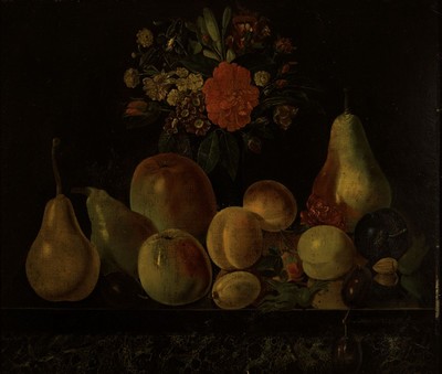 van Buylaere, wohl flämischer Künstler, datiert 1913, Stillleben mit Blumen und Obst im Stil der alten Meister, Öl/Malkarton, ...