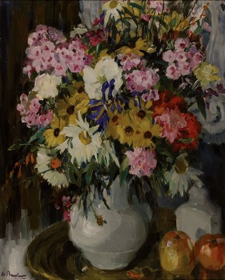 Willy Brandes, 1876 Bornstädt bei Potsdam-1946 Wannsee, Stillleben mit Blumen, Äpfeln und Teedose, Öl/Lwd, links unten sign., ca. 54.5x44.5cm, ...