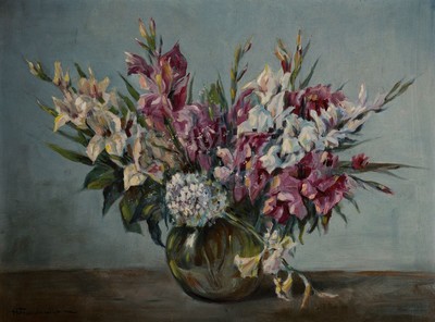 Hugo Freudenthal, 1. Hälfte 20. Jh., Stillleben mit Gladiolen, Öl/Hartfaser, links unten signiert, ca. 60x80cm, R. ca. 70x90cm