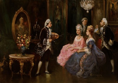 A. Campori, zeitgenössischer Traditionalist, Maler mit seinen Modellen im Salon, Rokokozeit, Öl/Lwd, rechts unten signiert, ca. 50x70cm, R. ca. ...