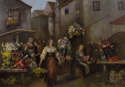 Unbekannter Künstler des 19. Jh., Blumenmarkt vor Altstadtkulisse, Öl/Lwd, unsigniert, ca. 56.5x80cm, breiter Prunkrahmen