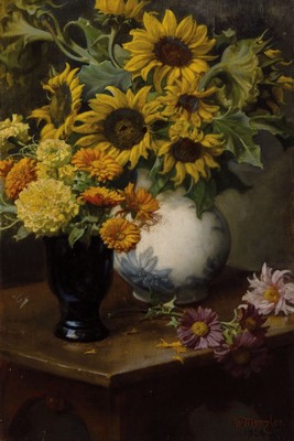 Wilhelm Menzler, 1846 Kassel - 1926 München, Stillleben mit Sommerblumen, Öl/Lwd, signiert und dat. 1924, ca. 72 x 48 cm, Rahmen, l. Altersspuren