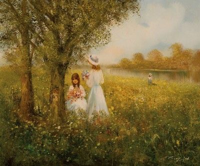 Madjid, geb. 1934 in Teheran, Studium an der Akademie Teheran, ab 1961 in München, Mädchen im Blumenfeld, Öl/Lwd, signiert, ca. 50x60cm, Rahmen