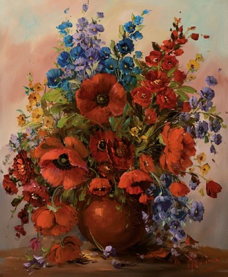 Ludika Medina, Studium in Breslau und Italien, Blumenstillleben, Öl/Lwd, signiert, 60 x 50cm, Rahmen