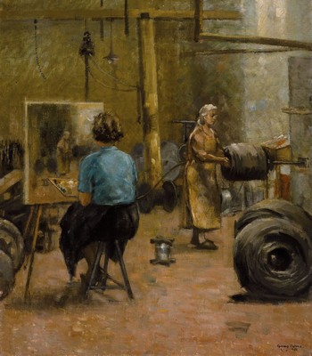 Georg Oehme, 1890 Dresden-1955, Studium an der Akademie Dresden als Schüler von Richard Müller, hier: Malerin in der Fabrik beim Porträtieren ...