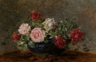 Justine Seitz-Zeller, 1856 Thun- 1921, Studium in Basel, Bern und Genf, hier: Stillleben mit Rosen, Öl/Lwd/Hartfaser, rechts unten signiert, ca. ...