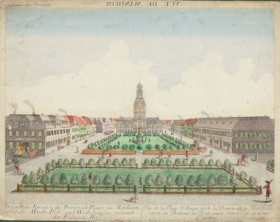 Guckkastenbild, datiert 1779, Ansicht des Paradeplatz zu Mannheim, Kupferstich, "Prospect des Parade und des Promenade Plazes zu Manheim nebst ...