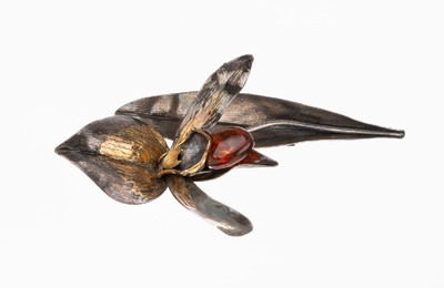 Ausgefallene Designer Brosche "Orchidee" mit Bernstein, 935er Silber und GG 900/000, obere Blätter mit Feingoldauflage, Blüten- stempel ...