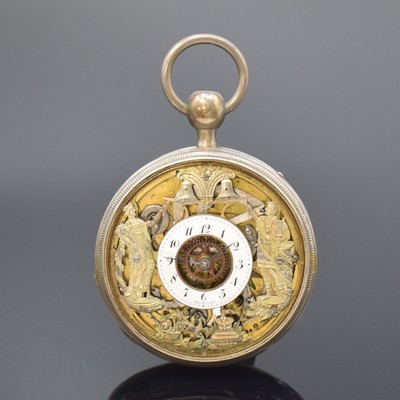 ROMILLY et Comp. Spindeltaschenuhr mit 1/4 Stunden-Repetition und Jacquemart in Silber, Schweiz um 1820, guill. Geh., Rep.-Auslösung über Druck auf ...
