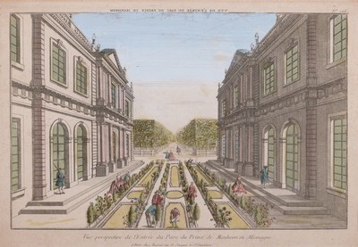Guckkastenbild, Ansicht des Mannheimer Schlosses mit Blick in den ehemaligen Schlossgarten, Paris, Basset um 1780, "Vue perspective de ...
