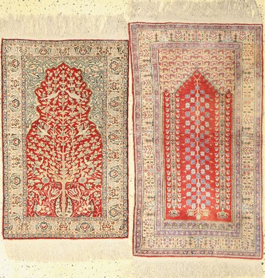 2 lots Kayseri, Türkei, ca. 50 Jahre, reine Naturseide, ca. 110 x 62 cm (EHZ 2-3), ca. 94 x 59 cm, (EHZ 1-2)