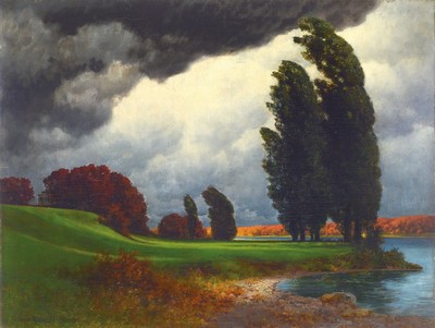 Hermann Traugott Rüdisühli, 1864 Lenzburg/Schweiz - 1944 München, Studium an der Akademie Karlsruhe, hier: herbstliche Stimmungslandschaft im ...