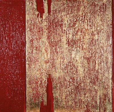 Michael Beck, 1960-2022, abstrakte Komposition, Lack und Blattgold auf Holz, unsigniert, 80x80 cm