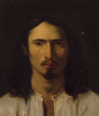 Unbekannter Künstler, um 1850, sog. Nazarener, En-face Porträt eines Mannes mit typisch langem mittelgescheiteltem Haar und Bart in nobler Blässe, ...