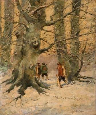 Carl Plückebaum, 1880 Düsseldorf-1952, Studium an der Akademie Düsseldorf bei Jensen und Gebhardt, hier: Jäger im verschneiten Winterwald, ...