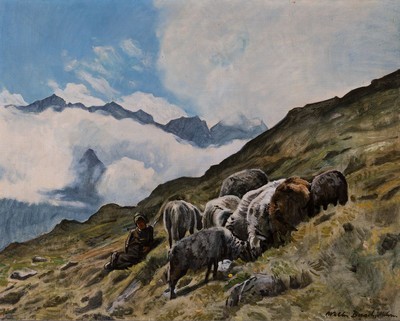 Walter Busch, 1898 Leipzig-1980 München, Hirte mit Schafen im Hochgebirge, Öl/Lwd, rechts unten signiert, ca. 60x75cm, R. ca. 74x89cm