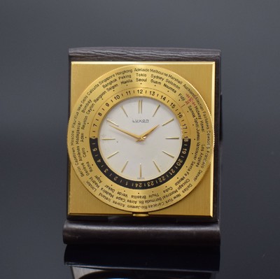LUXOR Reiseuhr mit Weltzeitanzeige, Schweiz um 1960, Handaufzug, verg. Gehäuse im Lederetui, drehbare Lünette m. Weltstädten um 24-Std.-Skala, ...