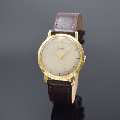 OMEGA Herrenarmbanduhr Referenz 2898S.C in GG 750/000, Schweiz um 1958, Automatik, 3-teil. Geh., Boden m. Monogramm u. Glasrand aufgedr., silb. ...