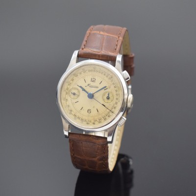 MINERVA Kaliber 13-20 Schaltradchronograph in Stahl, Schweiz um 1940, Handaufzug, 3-teil. Geh., Boden u. Glasrand aufgedr., silb. Zifferbl. mit ...