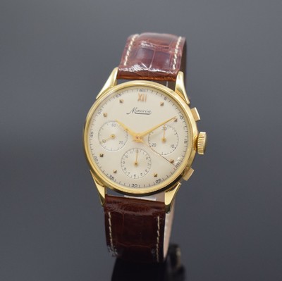 MINERVA Schaltradchronograph in GG 750/000 mit Kaliber Valjoux 72, Schweiz um 1955, Handaufzug, 3-teil. Gehäuse, Boden u. Glasrand aufgedr., silb. ...