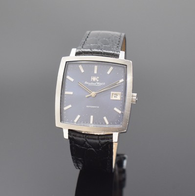 IWC quadratische Armbanduhr Referenz 1871 in Stahl, Schweiz um 1970, Automatik, Stülpgehäuse, blaues Zifferbl. m. aufges. Std.-Ind., silb. Zeiger, ...