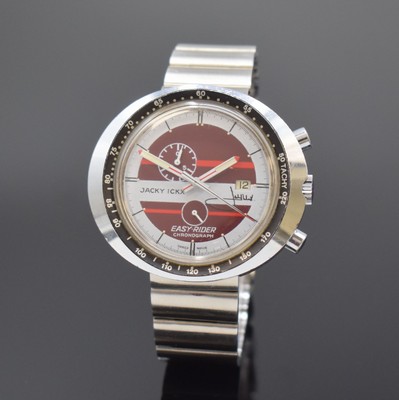 HEUER / JACKY ICKX Easy-Rider Armbanduhr mit Chronograph an Heuer Stahlband, Schweiz um 1970, Handaufzug, verchromtes Stülpgehäuse, Lünette m. ...