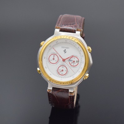 FERRARI Herrenarmbanduhr mit Chronograph in Stahl, Schweiz um 1990, quarz, Boden verschr., weißes Zifferbl. m. roten Leuchtzeigern, kl. Sek. b. 6, ...