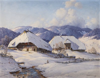 Karl Hauptmann, 1880 Freiburg/Breisgau - 1947 Herzogenhorn, zwei Schwarzwaldhöfe in Winterlandschaft, sonniger Morgen mit langen Schatten, ...