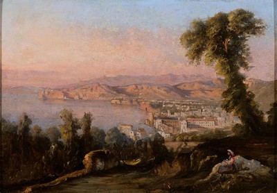 Unbekannter, wohl italienischer Künstler, 19. Jh., Blick auf die italienische Küste, im Vordergrund junge Frau auf Felsen ausruhend, Öl/Pappe, li. ...