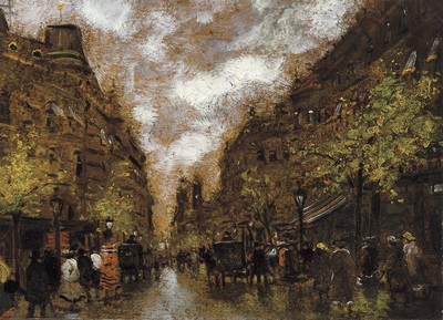 Antal Berkes, 1874 - 1938 Budapest, Studium an der Akademie Budapest, belebter Boulevard in Budapest, Regenwetter, Öl/Pappe, rechts unten signiert, ...