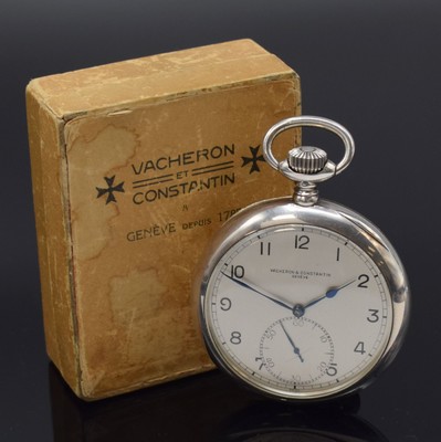 VACHERON & CONSTANTIN feine, große Beobachtungsuhr in Sterlingsilber mit original Box, Schweiz um 1939, glattes, 4-teil. Silbergeh., Scharnierboden ...