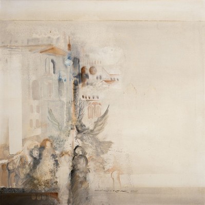 Heinz Hock, geb. 1938, 2 Werke, Mischtechnikauf Lwd, jeweils signiert und datiert figurative Kompositionen, Rahmen 87x87 cm